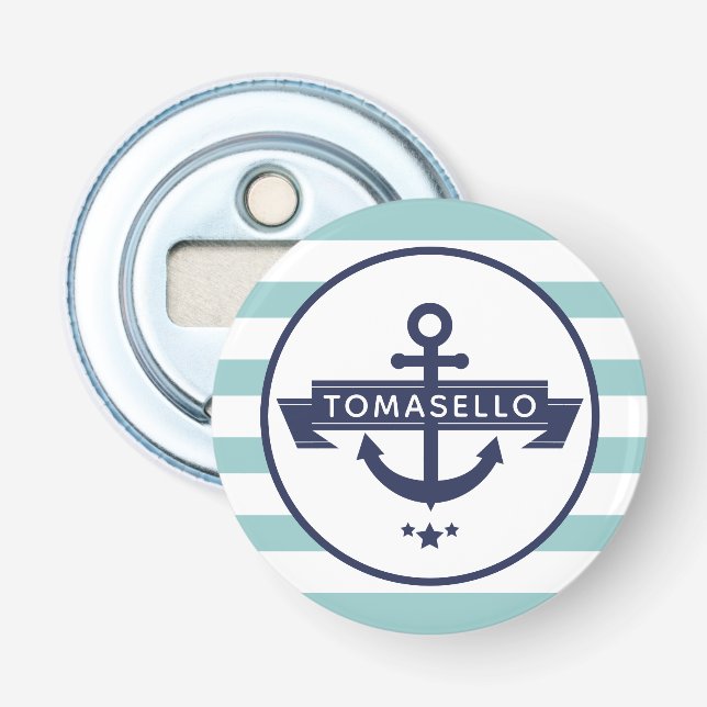 Nautical Navy Blue Anchor Family Name Aqua Stripe Bottle Opener (Front)