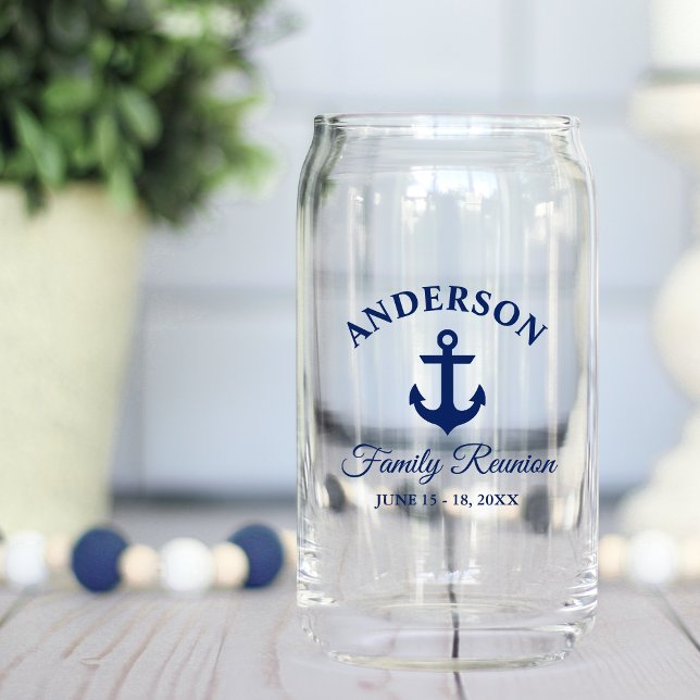 Nautical Navy Blue Anchor Family Reunion Can Glass (Customize to change text color.)