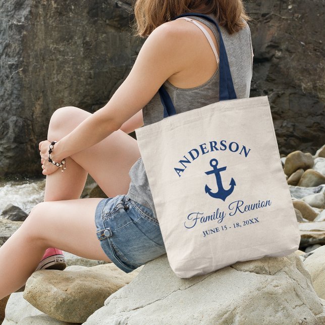 Nautical Navy Blue Anchor Family Reunion Tote Bag (Customize to change text size or text style.)