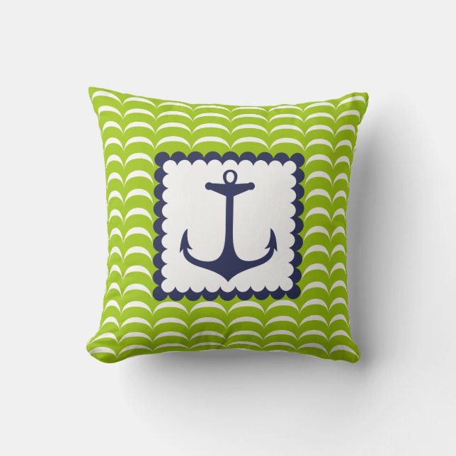 Nautical  Navy Blue Anchor Green  Waves Pattern Cushion (Front)