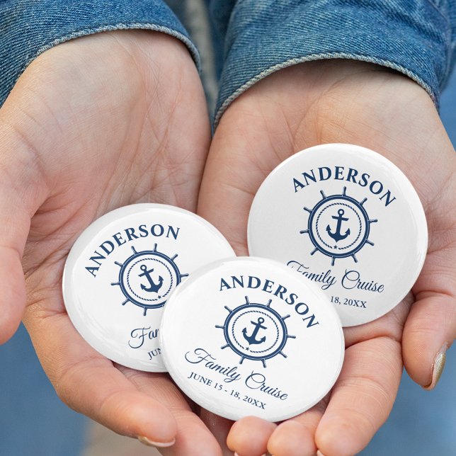 Nautical Navy Blue Anchor Helm Family Cruise 6 Cm Round Badge (Customize to change text size,  text style or background color.)