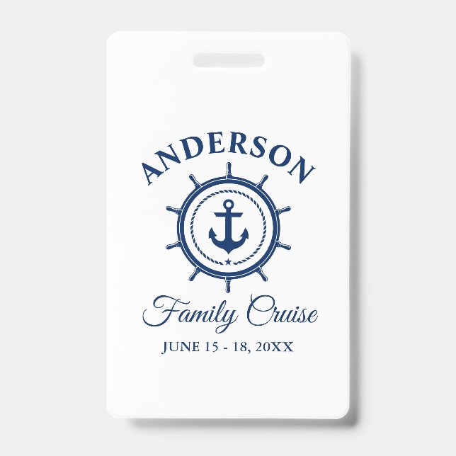 Nautical Navy Blue Anchor Helm Family Cruise ID Badge (Front)