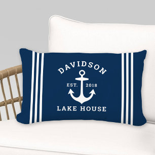 Nautical Navy Blue Anchor Lake House Family Lumbar Cushion