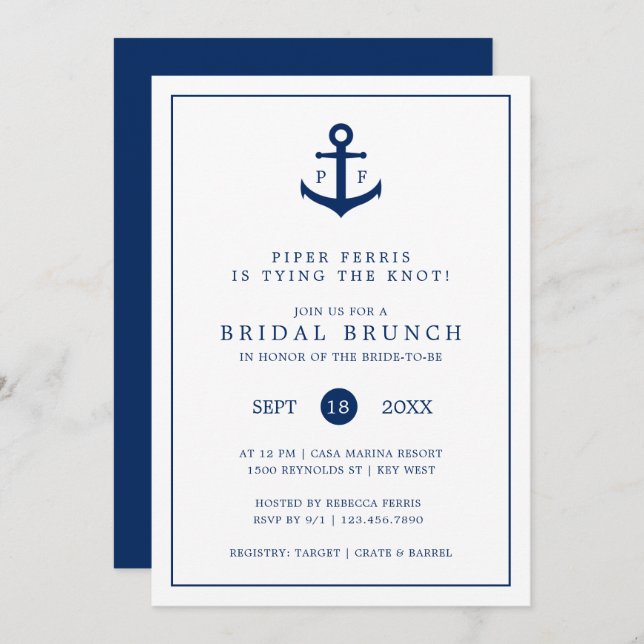 Nautical Navy Blue Anchor Monogram Bridal Brunch Invitation (Front/Back)