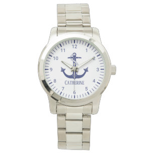 Nautical Navy Blue Anchor Monogram Name Watch