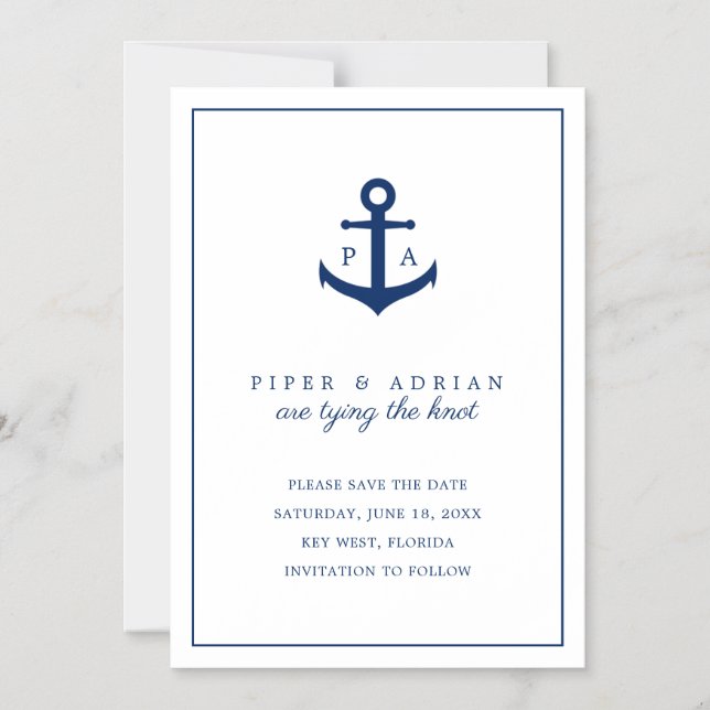 Nautical Navy Blue Anchor Monogram Save the Date Magnetic Invitation (Front)
