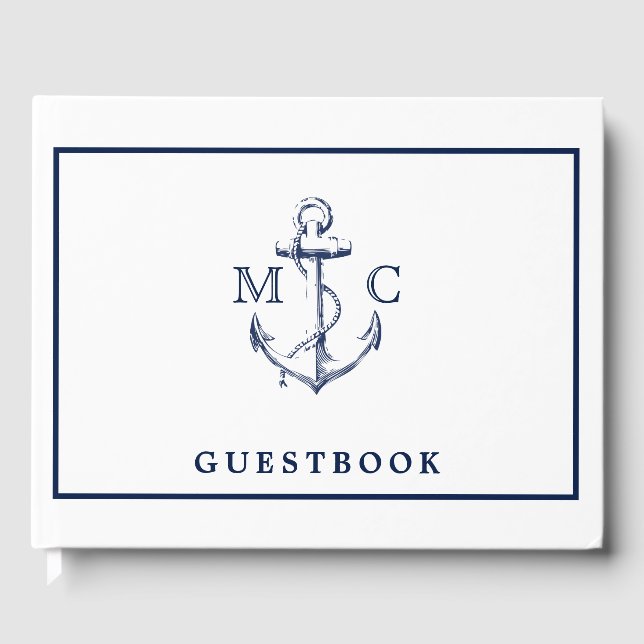Nautical Navy Blue Anchor Monogram Wedding Guest Book (Front)