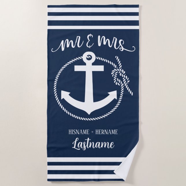 Nautical Navy Blue Anchor Mr and Mrs Beach Towel (Front)