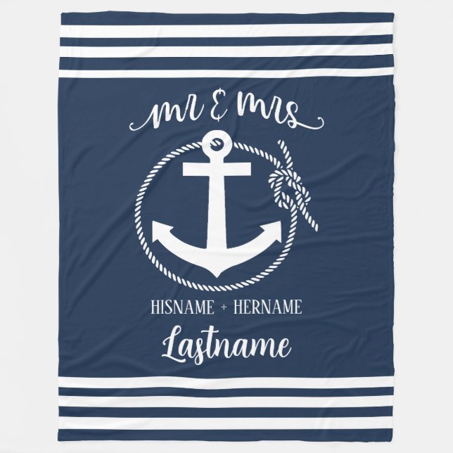 Nautical Navy Blue Anchor Mr and Mrs Fleece Blanket (Front)