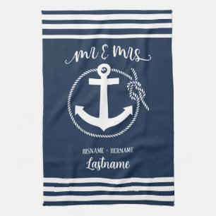 Nautical Navy Blue Anchor Mr and Mrs Tea Towel