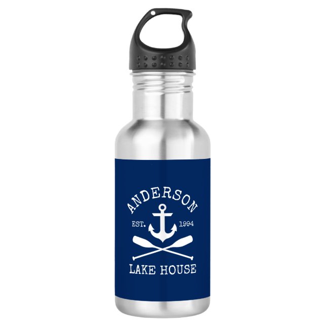 Nautical Navy Blue Anchor Oars Family Lake House 532 Ml Water Bottle (Front)