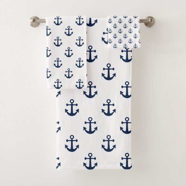 Nautical navy blue anchor on a white background bath towel set (Insitu)