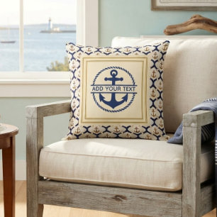 Nautical Navy Blue Anchor Pattern Custom Monogram Cushion