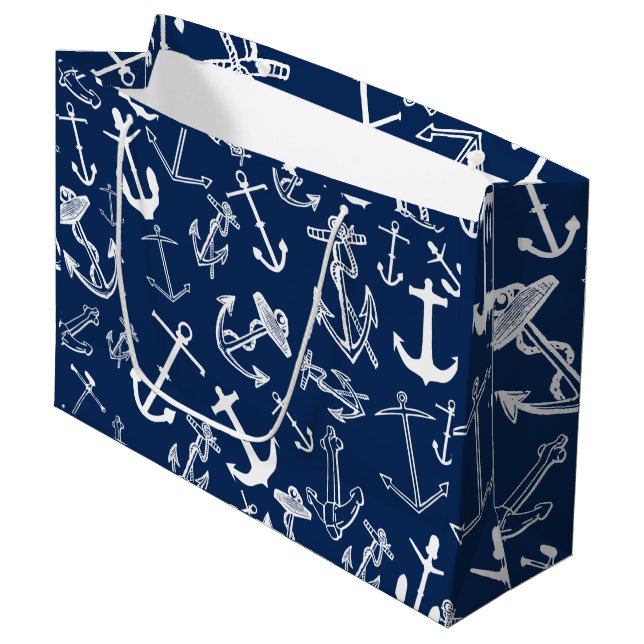 Nautical  Navy Blue Anchor Pattern Large Gift Bag (Front Angled)