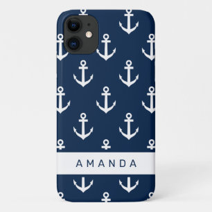 Nautical navy blue anchor pattern personalized Case-Mate iPhone case