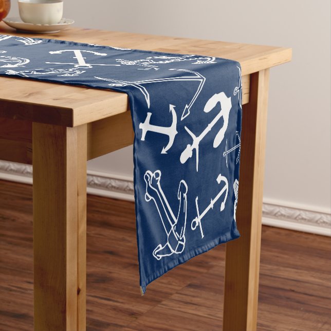 Nautical Navy Blue Anchor Pattern Short Table Runner (In Situ)