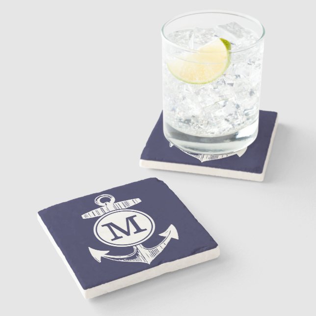 Nautical Navy Blue Anchor Pattern Stone Coaster (Side)