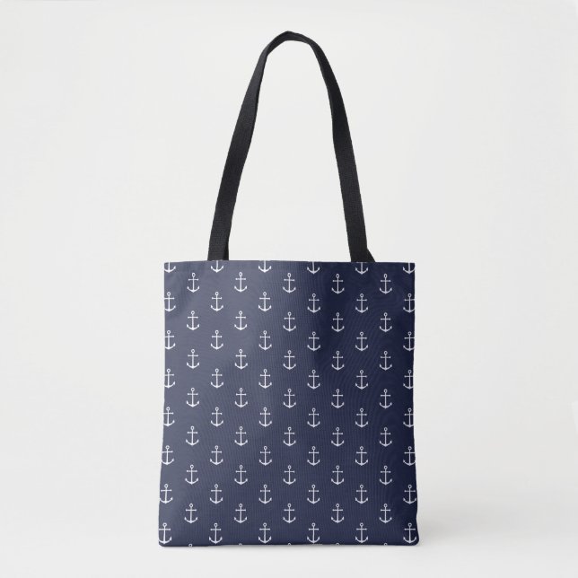 Nautical Navy Blue Anchor Pattern Tote Bag (Front)