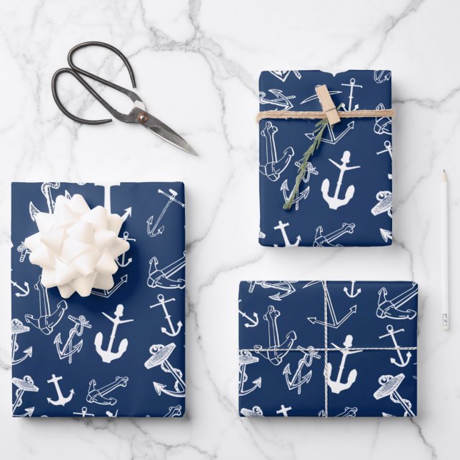 Nautical Navy Blue Anchor Pattern Wrapping Paper Sheet (Front)