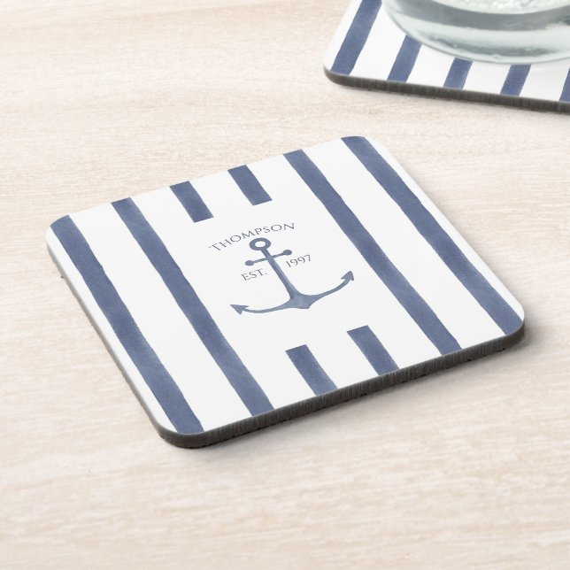 Nautical Navy Blue Anchor Personalised Coaster (Left Side)