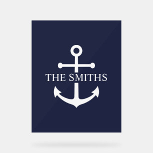 Nautical Navy Blue Anchor Personalised Family Name Acrylic Sign