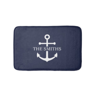 Nautical Navy Blue Anchor Personalised Family Name Bath Mat