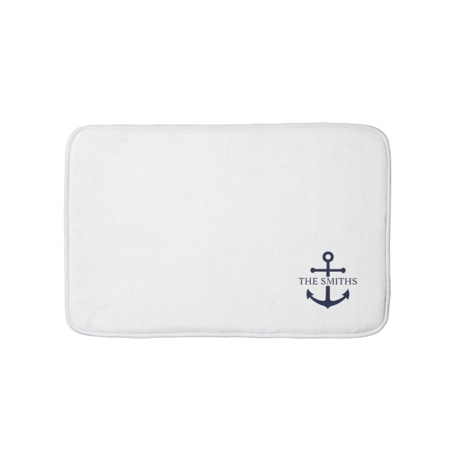 Nautical Navy Blue Anchor Personalised Family Name Bath Mat (Front)