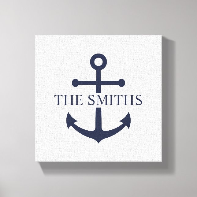 Nautical Navy Blue Anchor Personalised Family Name Canvas Print (Front)