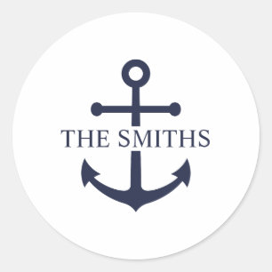 Nautical Navy Blue Anchor Personalised Family Name Classic Round Sticker