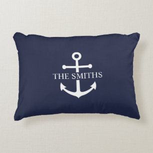 Nautical Navy Blue Anchor Personalised Family Name Decorative Cushion