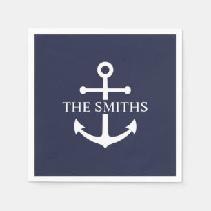 Nautical Navy Blue Anchor Personalised Family Name Napkin