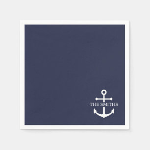 Nautical Navy Blue Anchor Personalised Family Name Napkin