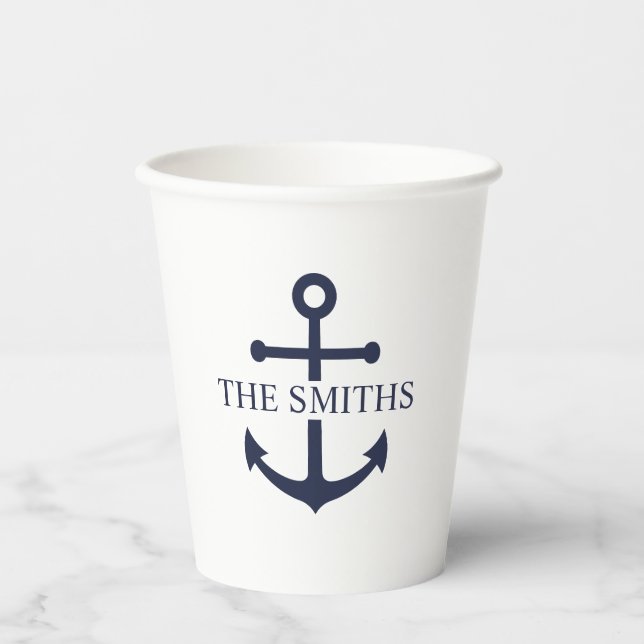 Nautical Navy Blue Anchor Personalised Family Name Paper Cups (Front)