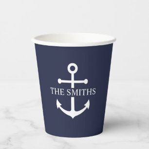 Nautical Navy Blue Anchor Personalised Family Name Paper Cups
