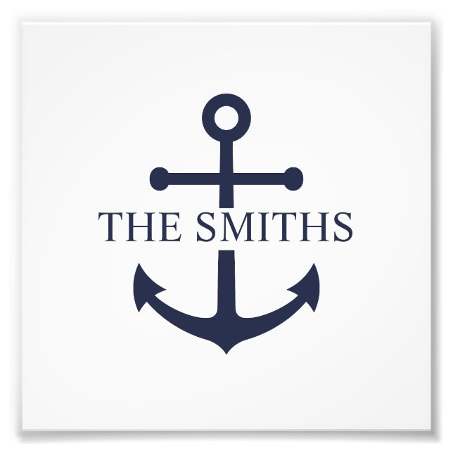 Nautical Navy Blue Anchor Personalised Family Name Photo Print (Front)