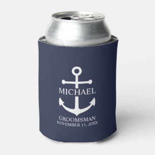 Nautical Navy Blue Anchor Personalised Groomsmen Can Cooler