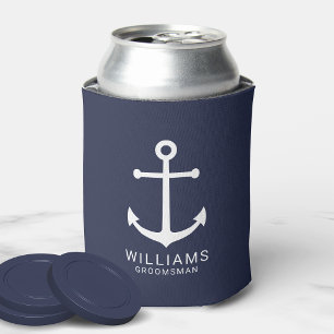 Nautical Navy Blue Anchor Personalised Groomsmen Can Cooler