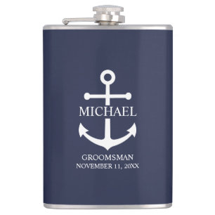 Nautical Navy Blue Anchor Personalised Groomsmen Hip Flask