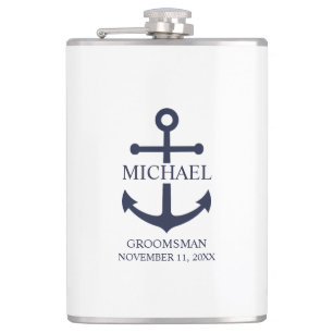 Nautical Navy Blue Anchor Personalised Groomsmen Hip Flask