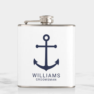 Nautical Navy Blue Anchor Personalised Groomsmen Hip Flask