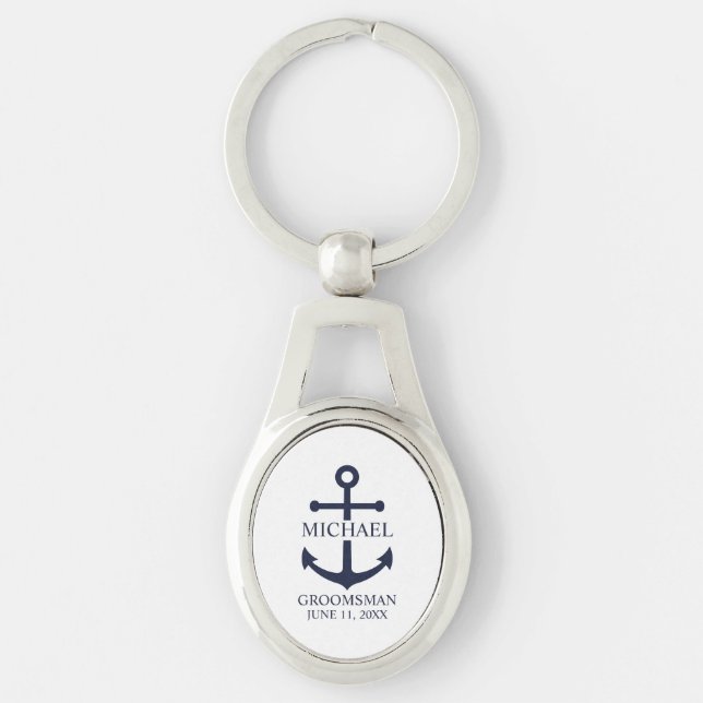 Nautical Navy Blue Anchor Personalised Groomsmen Key Ring (Front)