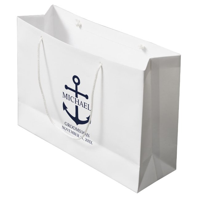 Nautical Navy Blue Anchor Personalised Groomsmen Large Gift Bag (Front Angled)