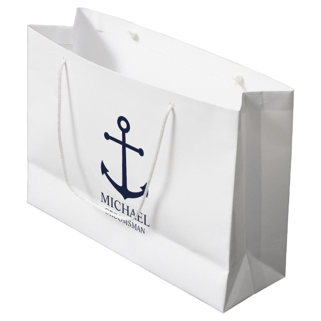 Nautical Navy Blue Anchor Personalised Groomsmen Large Gift Bag (Front Angled)