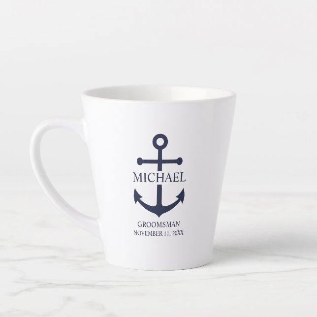 Nautical Navy Blue Anchor Personalised Groomsmen Latte Mug (Left)
