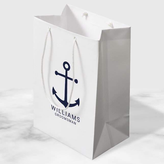 Nautical Navy Blue Anchor Personalised Groomsmen Medium Gift Bag (Creator Uploaded)