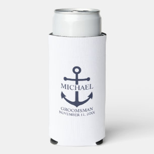 Nautical Navy Blue Anchor Personalised Groomsmen Seltzer Can Cooler