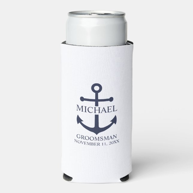 Nautical Navy Blue Anchor Personalised Groomsmen Seltzer Can Cooler (Seltzer Front)