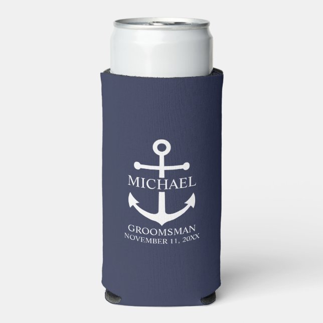 Nautical Navy Blue Anchor Personalised Groomsmen Seltzer Can Cooler (Seltzer Front)