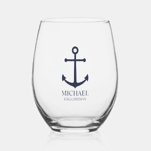 Nautical Navy Blue Anchor Personalised Groomsmen Stemless Wine Glass