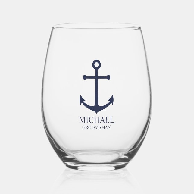 Nautical Navy Blue Anchor Personalised Groomsmen Stemless Wine Glass (Front)
